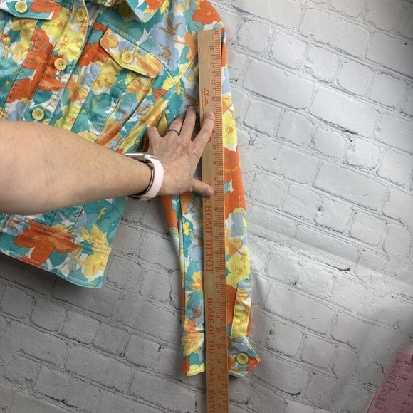 Nicole Miller Floral Button Up‎ Jacket Womens 10 Multi Cotton Denim Long Sleeve - Picture 5 of 9